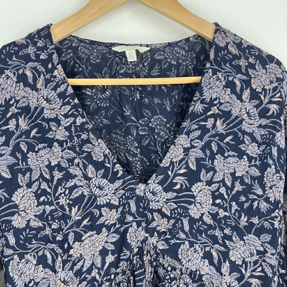 Lucky Brand Top Size Small Womens Navy Peasant Floral Print V Neck Smocked Boho - Picture 2 of 10